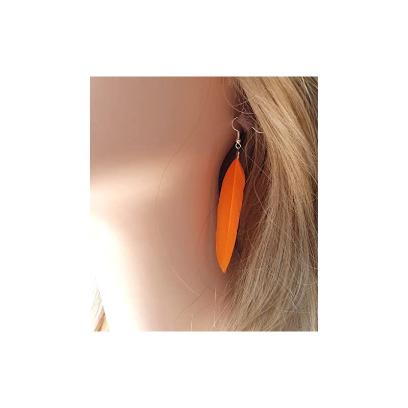 Orange Feather Earrings - Handmade Slim Look