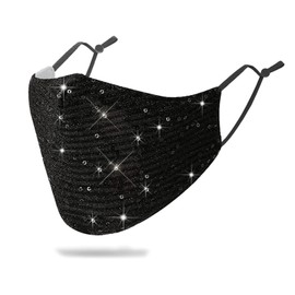 Sparkly Sequins Mouth Masc Fashion Designer Glitter Cotton Face Cover With Adjustable Ear Loops Reusable Masquerade Party Nightclub Rave Festival Sequins Face Covering (Black)