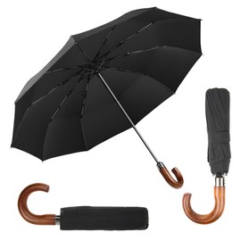 TECPEX Folding Umbrella Real Wood Crook Handle Windproof Strong Automatic Umbrella Quality Frame for Travel Water Resistance Luxury and Classic (Black with Wood Handle)