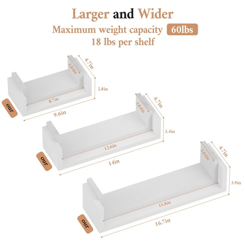 SRIWATANA Floating Shelves Wall Mounted, Solid Wood Wall Shelves, White