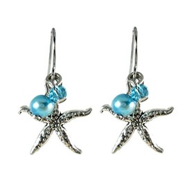 Silver Tone Starfish Seahorse & Cultured Freshwater Pearl Charm Earrings ~ Burlap Gift Bag Included