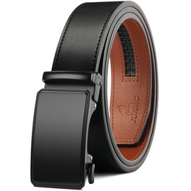 JUKMO Men’s 35mm Leather Ratchet Belt with Original Slide Buckle in Gift Box (Octagon - Black, S-28 to 36" Waist Adjustable (Length 45"))