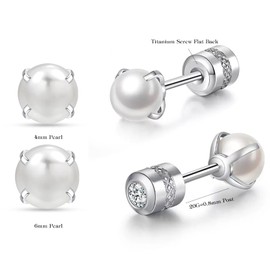 2pairs Titanium Flat Back Earrings,Silver Pearl Stud Earrings for Women Screw Back Studs for Girls Hypoallergenic Cartilage Nap Sleep Earrings Helix Jewelry(Titanium Screw Stud)