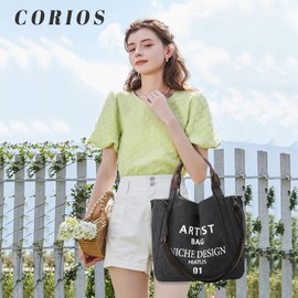 CORIOS Women Shoulder Bag Canvas Handbag Casual Top Handle Bag Large Capacity Crossbody Bag Multipurpose Messenger Bag for Travel Work Party Office Shopping Black