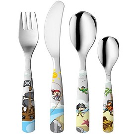 Gnali & Zani "Piraten" Kinder Besteck Set 4-teilig | je 1x Messer, Gabel, Ess- und Teelöffel | Rostfreier Edelstahl | Spülmaschinenfest | Kinderbesteck ab 3 Jahre in hochwertiger Geschenkbox