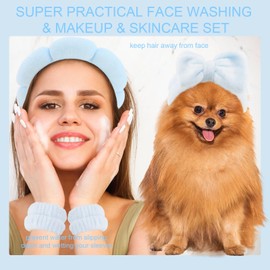 Canitor Spa Headband Wrist Band Set with Hair Clips Makeup Skincare Headbands for Washing Face Skin Care Blue Bow Preppy Teen Girl Gifts Cute Trendy Stuff Hair Accessories for Women