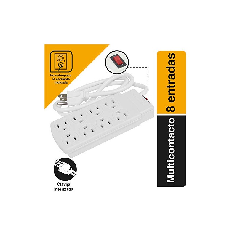 SANELEC, Extensión, Barra Multicontacto, 8 Entradas, Cable de 90 cm,