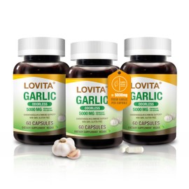LOVITA Odorless Garlic Capsules, 5000mg Fresh Garlic Equivalent, 1.25% Allicin Extract, Supports Heart, Blood Pressure, Cholesterol & Immune System, Non-GMO, Gluten-Free, 180 Vegan Capsules