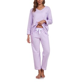 COLORFULLEAF Women's Long Pyjamas 100% Cotton Pyjamas Two Piece Lounge Set V-Neck Sleepwear Long Sleeve Loungewear, light purple