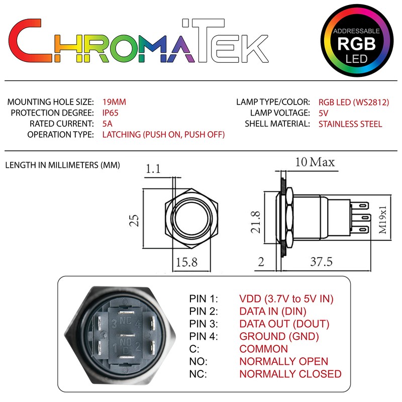 ChromaTek Full-Color RGB (WS2812) 19mm Latching Push Button Switch, Arduino,