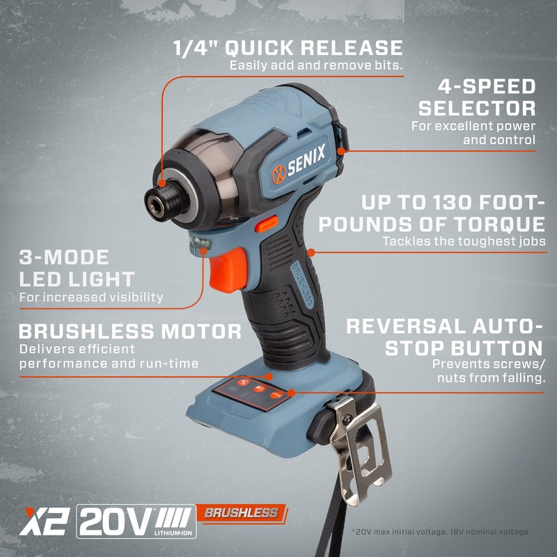 SENIX PDIX2-M2-0 20 Volt Max* X2 1/4-Inch Cordless Impact Driver,