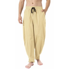 perdontoo Mens Linen Cotton Loose Fit Casual Lightweight Elastic Waist Summer Pants (Small, Beige)