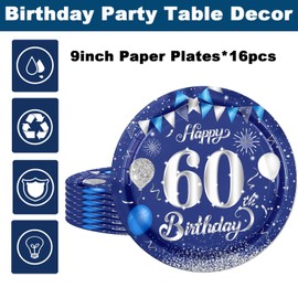 16Pcs Navy Blue 60th Birthday Plates 9inch Paper Plate for 60th Party Decorations Blue,60th Birthday Decorations Plates for Man Men Him Party Paper Plates 9" Tableware for 60th Dinner Paper Plates