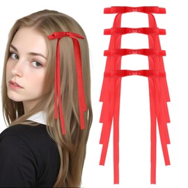COMNICO Hair Bows for Girls, 4Pcs Red Bow Hair Accessories Tassel Ribbon Bowknot Hair Clips Barrettes Long Hair Bow Satin Ribbon Accessories for Women Valentine's Day