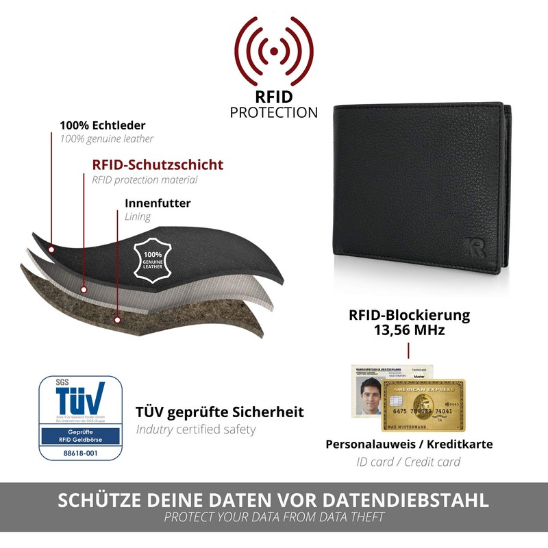 Men's Leather Wallet, Black, - TÜV Tested, RFID Protection I
