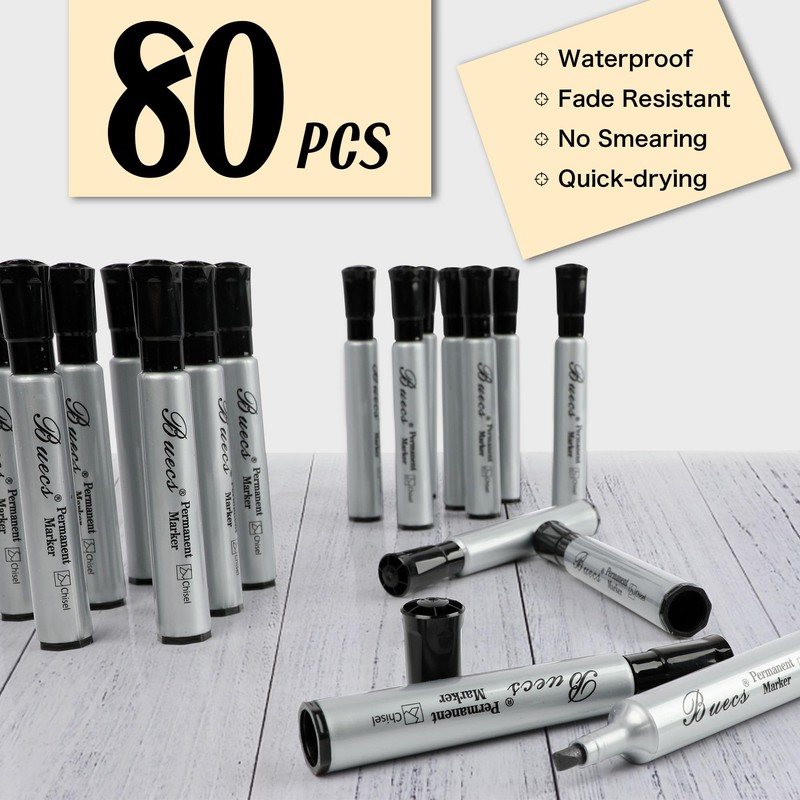 Buecs Permanent Markers, 80 Count Black Permanent Markers, Chisel tip,