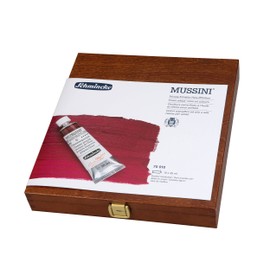 Schmincke - MUSSINI® finest resin oil colors, 10 x 35 ml set, 70 010 097, wooden box walnut-tinted, resin oil color based on recipes of old masters