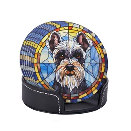TOMASLINK Drink Coaster Set of 6, Schnauzer Dog Mom Lover Gift,Leather Drink Coasters with Holder,6 Pack Cup/Bar/Drink Coasters for Table/Drinks/Coffee Protection Housewarming Gift