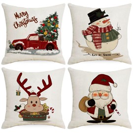 Christmas Cushion Cover Christmas Cushion Cover Christmas Decoration Indoor Reindeer Decoration Christmas Cushion Cover Winter Pack of 4 Decoration Linen Cushion Cover Christmas (B-Cute Picture, 50 x