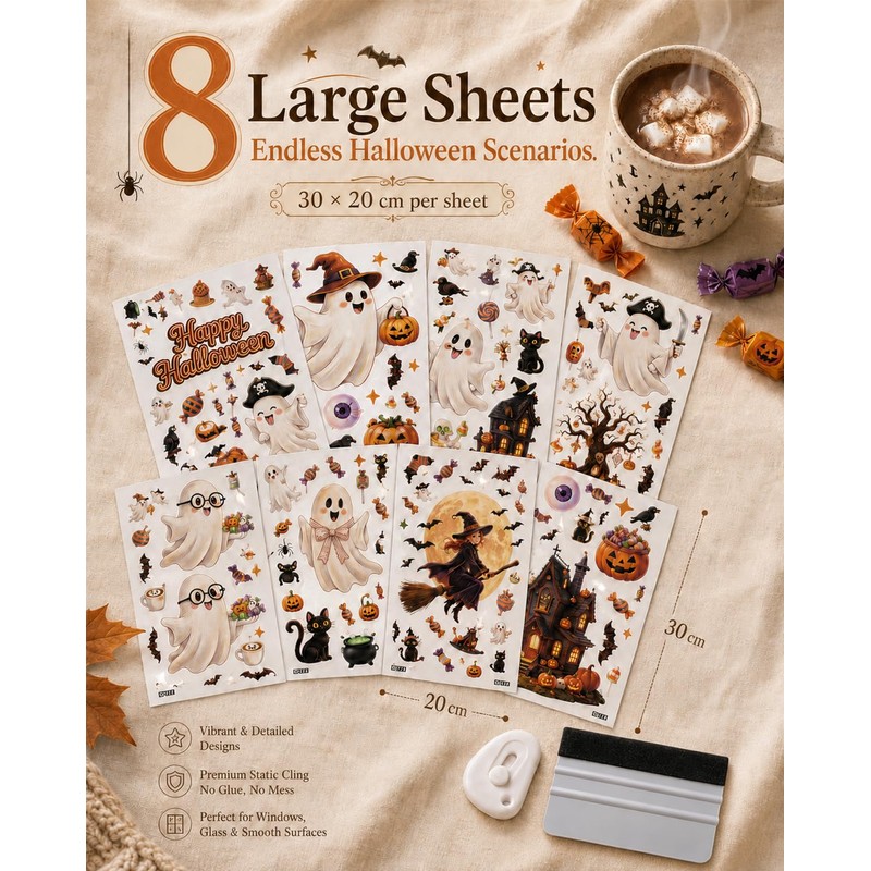 daunke 8 Sheets Halloween Window Clings 30x20cm, with Squeegee &