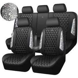 CAR PASS Bling Diamond Leather Car Seat Covers Full Seats Interior Sets, Waterproof Shining Glitter Sparkly Crystal Universal Armrest Fit Automotive Truck SUV Cute Women Girl, Black Silver Rhinestone