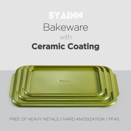 Absorated SYAINN Non-stick Ceramic Baking Sheet Set, 3 Pieces- Aluminum Steel Cookie Sheets for Baking-Includes Half/Quarter/Jelly Roll Pans-Warp Resistant, Toxic, PTFE & PFOA Free-Grenoble Green