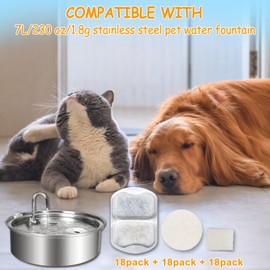 18 Sets Pet Water Fountain Filter Replacement Compatible with Oneisall 7L/230oz Stainless Steel Dog Dispenser - Filtered Dog Water Bowl - Replacement Filters and Sponge