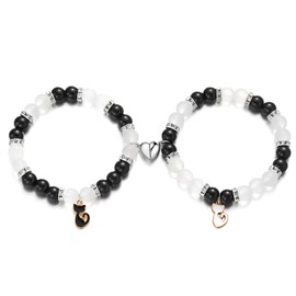 Matching Couple Bracelets, 2 pcs Black White Cat Bead Bracelet Magnetic Friendship Bracelet for Sister Best Friend Family