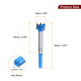 sourcing map Forstner Drill Bits 5/8 inch / 16mm Hex Shank 1/4 inch, Carbide Forstner Bit Woodworking Hole Opener Cutter Tool for Wood Drilling/Cabinet Hinges, Blue
