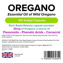 Lindens Oregano Oil 25mg - 100 Capsules - UK Made - Natural Source of Phenolic Acids and Flavonoids - Origanum Vulgare - Easy Swallow & Rapid Release - 3+ Months Supply - GMP & Letterbox Friendly