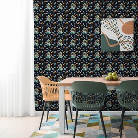 VaryFloral Blue Yellow Floral Black Wallpaper Peel and Stick Decorative Dark Floral Contact Paper Sticky Removable Botanical Flower Wallpaper for Bedroom Cubicle Prepasted Room Wall Covering 12"x118"