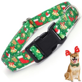 Christmas Dog Collars for Medium Dogs with Snowflakes Bells Hats, Christmas Green Dog Collar with Bow Tie, Adjustable Heavy Duty Pet Collar with Safety Buckle for Small Medium Large Dogs (M)