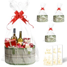 3 Set Baskets for Gifts Empty, Gift Baskets Empty, Woven Bamboo Gift Basket, Sturdy Gift Basket for Women for Birthday Party Wrapping Gifts, 3 Cellophane Wrap Bags, 3 Gift Cards, Christmas Gift Basket