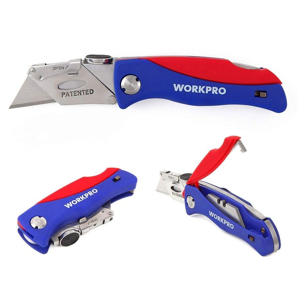 WORKPRO Folding Utility Knife Quick-change Box Cutter, Blade Storage in Handle with 5 Extra Blade Included