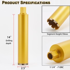 2 1/2 Inch Wet Core Drill Bits, DaduoRi 2.5" Core Bit for Concrete, 14" Drilling Depth, 1-1/4"-7 Thread Diamond Core Bit for Cured Concrete with Rebar, Hard Masonry, Brick Block, Stucco, Stone (63mm)