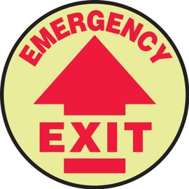 AccuformNMC Floor Sign Glow-in-the-Dark "Emergency Exit" with Arrow, 8" Diameter Non-Slip Adhesive Vinyl Emergency Exit Sign, Red on Glow, Made in the USA, MFS872