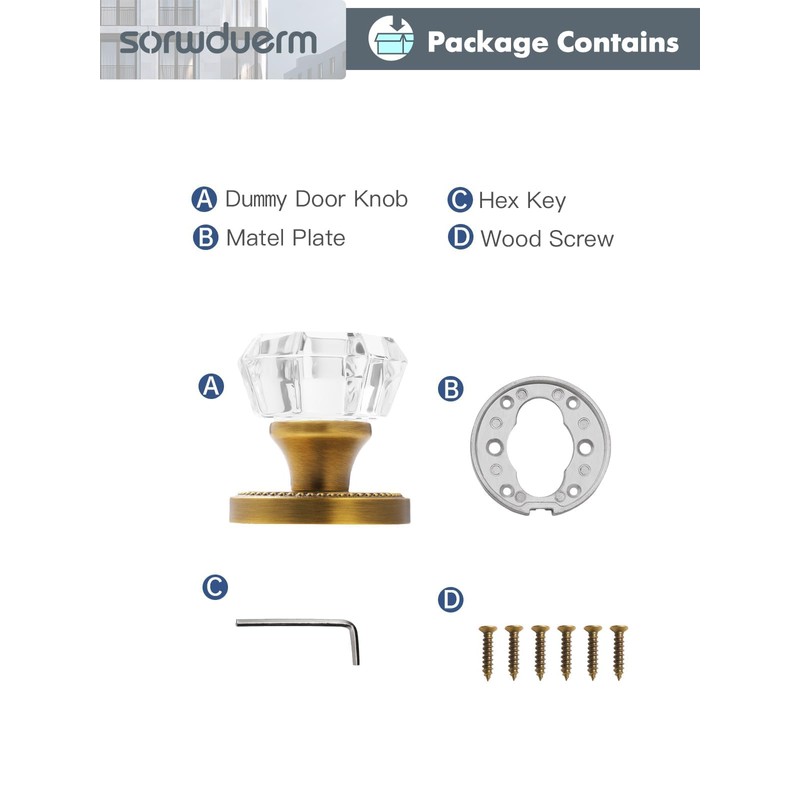 SORWDUERM Antique Brass Door Knobs Crystal Door Knob Dummy Door