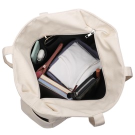 SIMLLFURLL Canvas Tote Bag for Women with Zipper and Compartments Crossbody Large Bible Messenger Purse Bag With Pockets (Beige)