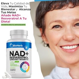 BioHerb® | NAD+ Riboside Potenciado con Resveratrol 98%, Quercetina, NMN y Betaína HCL con 60 Cápsulas de Alta Concentración de Polifenoles, Licopeno 