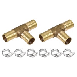 sourcing map Barb Hose Fitting 12mm OD Tee T Shape Pipe Connector Brass 2Pcs with 6Pcs 9-16mm Hose Clamps