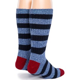 Warrior Alpaca Socks - Unisex, Thermal 60% Alpaca Wool Ragg Socks for Winter & Outdoor Hiking - Old School Striped,Navy, Red, Blue Heather,Large