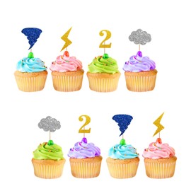 24pcs Twonado Cupcake Toppers, Tornado 2nd Birthday Cupcake Toppers, Colorful Glitter Lightning Cupcake Picks for Boys, Weather Themed 2nd Anniversary Party Supplies