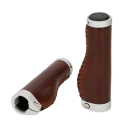 Gusti Phil A. Leather Handlebar Grip, Bicycle Handle, Brown Leather Metal Ring, Matte Silver