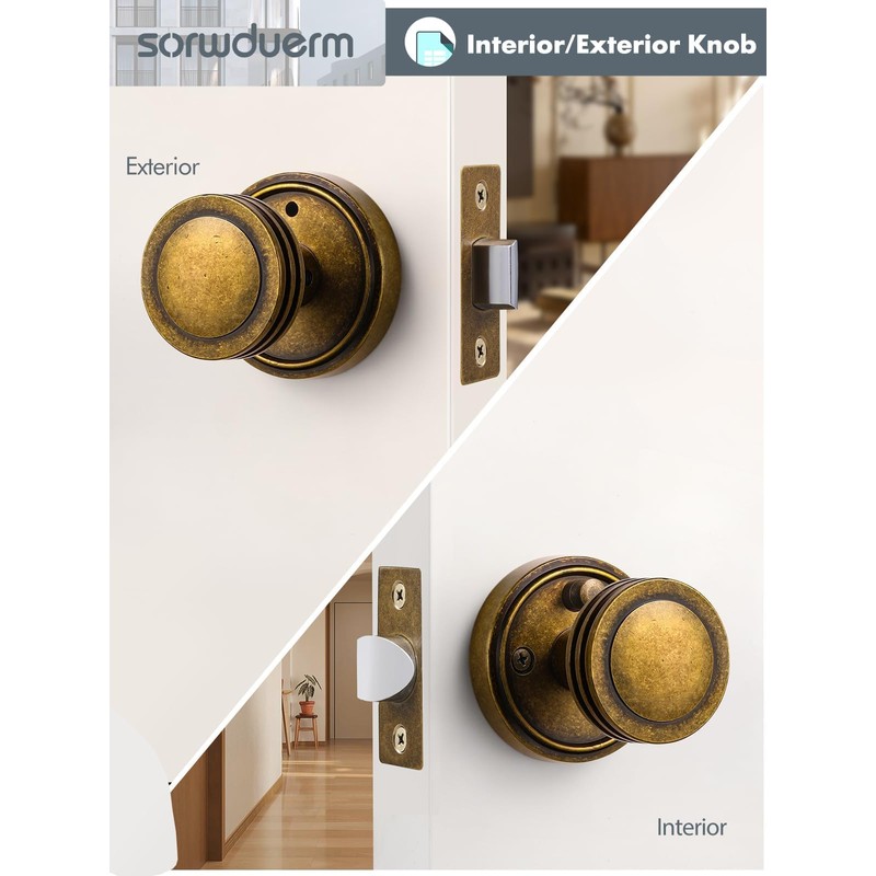 SORWDUERM 2 Pack Antique Brass Bronze Door Knob Interior Privacy
