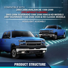 PIT66 LED DRL Headlight Assembly Compatible with Chevy Silverado 2003-2006 Fit Avalanche 1500 2500 03-06(Fit No Cladding only) Front Headlamps Clear Lens Black Housing Clear Reflector Headlamps