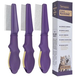 Temapex 3PCS Pet Comb for Grooming Long & Short Haired Cats & Dogs With Stainless Steel Metal Teeth for Removes Tangles & Flea, Non-Slip & Anti-Static Rubber Handle, Safe & Gentle