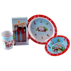 Christmas Santa 4 Piece Melamine Kid's Dinner Set - Plate, Bowl, Cup, Metal Cutlery