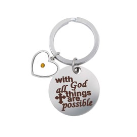 Uloveido Stainless Steel Christian Bible Quote Keychain With God All Things are Possible Cross Keyring Religious Jewelry Gift (Heart)