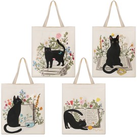 Oudain 4 Pcs Floral Canvas Tote Bags Cute Tote Bag for Women Floral Book Space Flowers Canvas Bag Bulk Shoulder Bag Gifts(Cat)