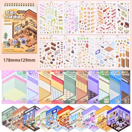 DIY 3D Fun Mini House Scene Stickers Book with Tweezers Make Your Own Coffee Bakery Flower Furniture Burger Shop Sticker Scenes Cute Micro Stickers for Relief Stress Pass The Time(10 Designs)